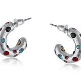 Silver Big Metal London Pula Rainbow hoop earrings, encrusted with multi‑color crystals on stainless steel, durable & hypoallergenic – Available at Be Charmed
