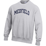 Be Charmed Medfield Silver Gray adult Reverse Weave crewneck by Champion – heavyweight fleece with bold Medfield lettering, durable and warm for everyday wear, available at Be Charmed.