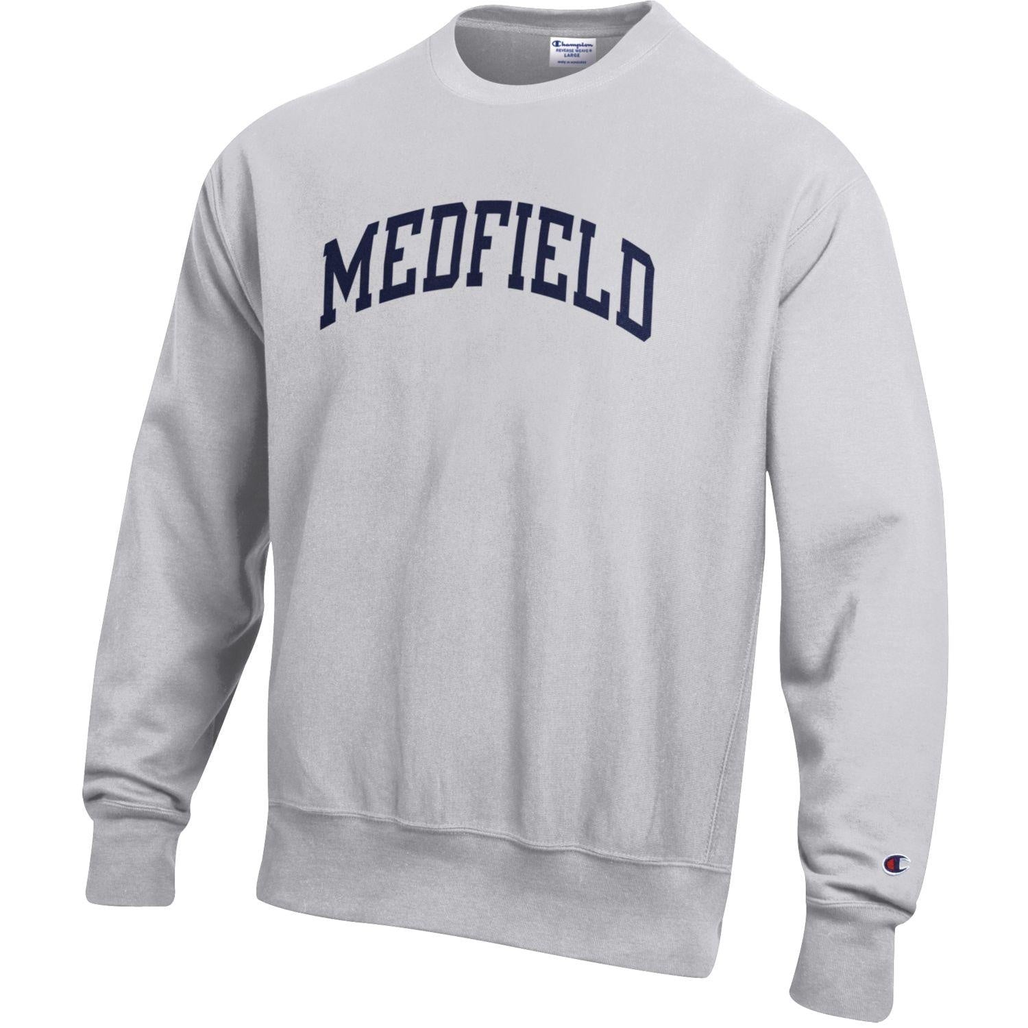 Be Charmed Medfield Silver Gray adult Reverse Weave crewneck by Champion – heavyweight fleece with bold Medfield lettering, durable and warm for everyday wear, available at Be Charmed.