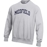 Be Charmed Medfield Silver Gray adult Reverse Weave crewneck by Champion – heavyweight fleece with bold Medfield lettering, durable and warm for everyday wear, available at Be Charmed.