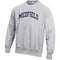 Be Charmed Medfield Silver Gray adult Reverse Weave crewneck by Champion – heavyweight fleece with bold Medfield lettering, durable and warm for everyday wear, available at Be Charmed.