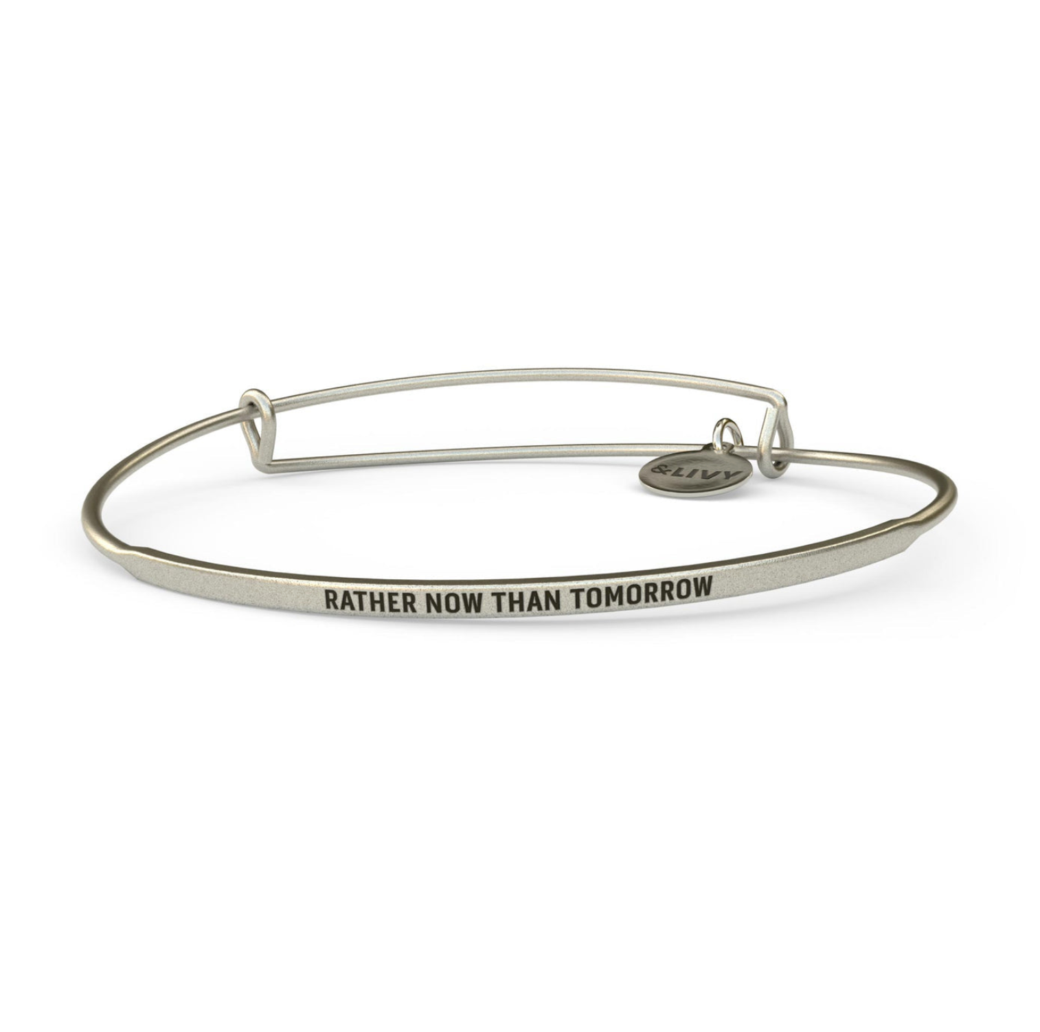 Silver &LIVY "Rather Now Than Tomorrow" POSY Bangle, available at Be Charmed 