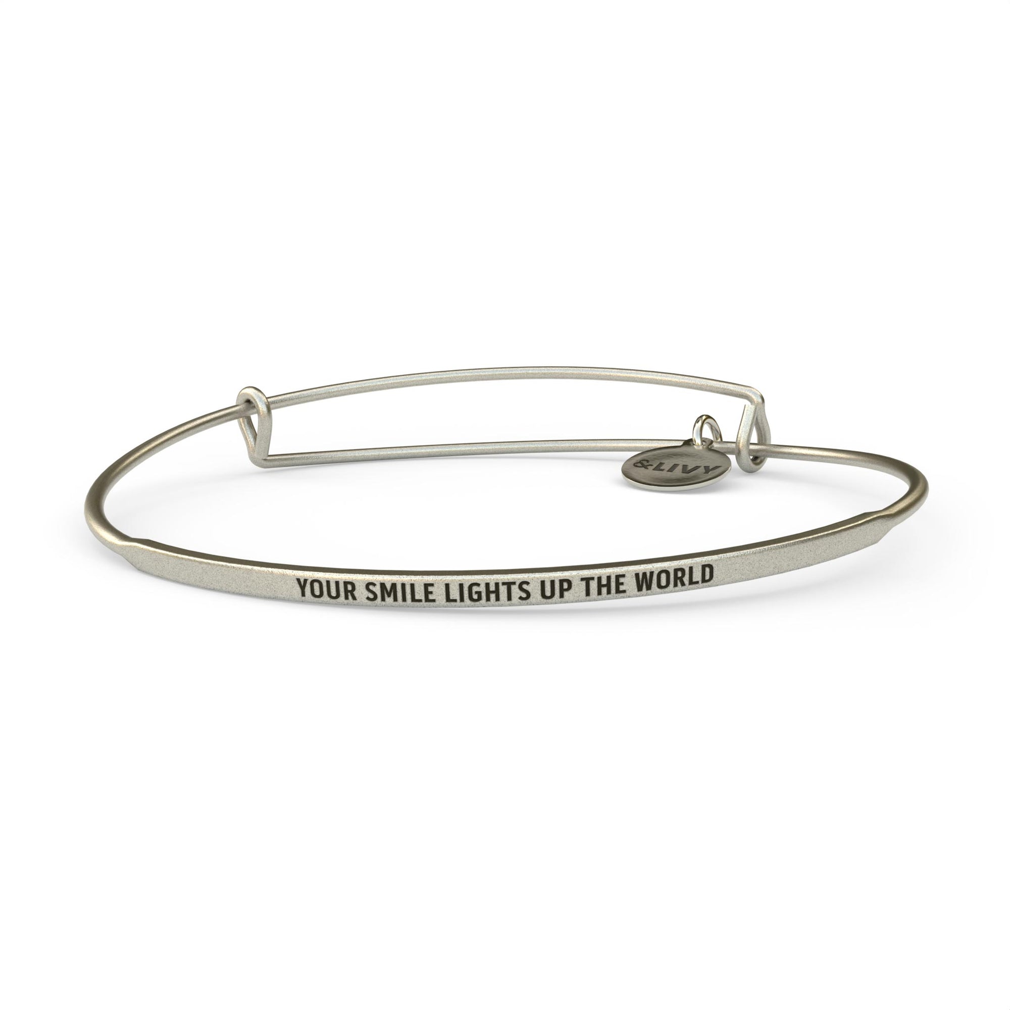 Silver &LIVY "Your Smile Lights Up the World" POSY Bangle, available at Be Charmed 