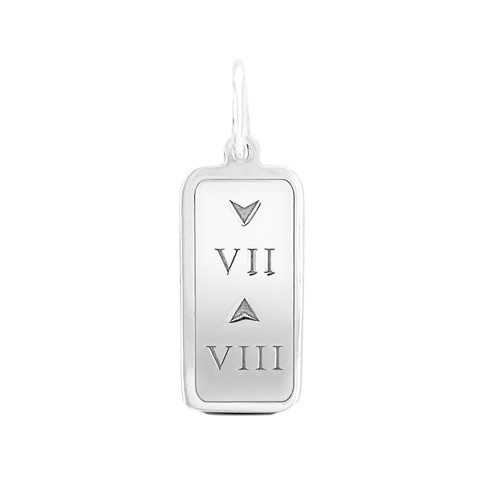 Front Lola 7 Down 8 Up tag for necklace with an inspiring engraved message symbolizing strength and resilience. Available at Be Charmed.
