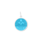 A Lola Light Blue sterling silver pendant with an enamel inlay featuring a lake and mountains scene, with the text 'LAKE LIFE IS THE BEST LIFE' on the back. Available at Be Charmed