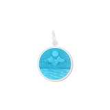 A Lola Light Blue sterling silver pendant with an enamel inlay featuring a lake and mountains scene, with the text 'LAKE LIFE IS THE BEST LIFE' on the back. Available at Be Charmed
