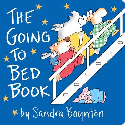 Cover of 'The Going to Bed Book' by Sandra Boynton with cartoon animals on a blue background. Available at Be Charmed