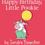 Book cover of 'Happy Birthday, Little Pookie' with a cartoon pig holding a yellow balloon on a red background. Available at Be Charmed