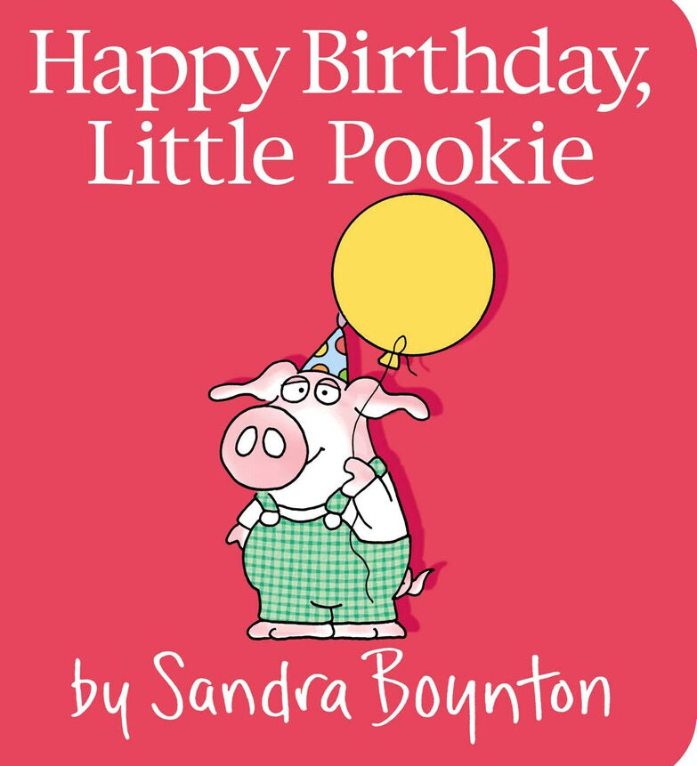 Book cover of 'Happy Birthday, Little Pookie' with a cartoon pig holding a yellow balloon on a red background. Available at Be Charmed