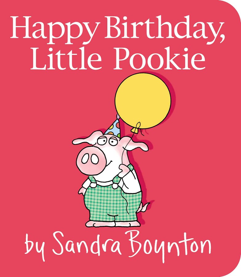 Book cover of 'Happy Birthday, Little Pookie' with a cartoon pig holding a yellow balloon on a red background. Available at Be Charmed