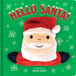 Book cover of 'Hello Santa!' with a plush toy resembling Santa Claus on a green background with snowflakes. Available at Be Charmed. 
