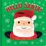 Book cover of 'Hello Santa!' with a plush toy resembling Santa Claus on a green background with snowflakes. Available at Be Charmed. 