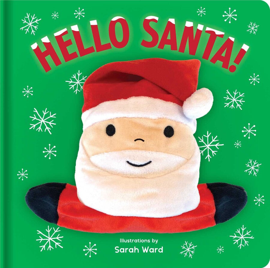 Book cover of 'Hello Santa!' with a plush toy resembling Santa Claus on a green background with snowflakes. Available at Be Charmed. 