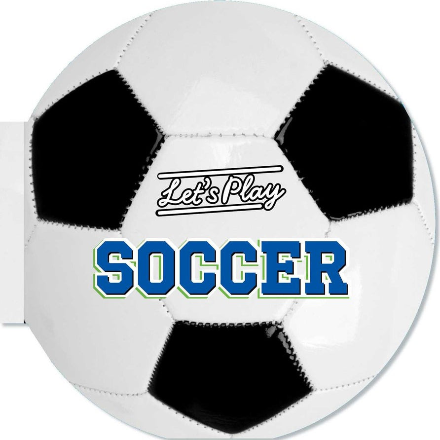 Soccer ball kids book with 'Let's Play Soccer' text. Available at Be Charmed