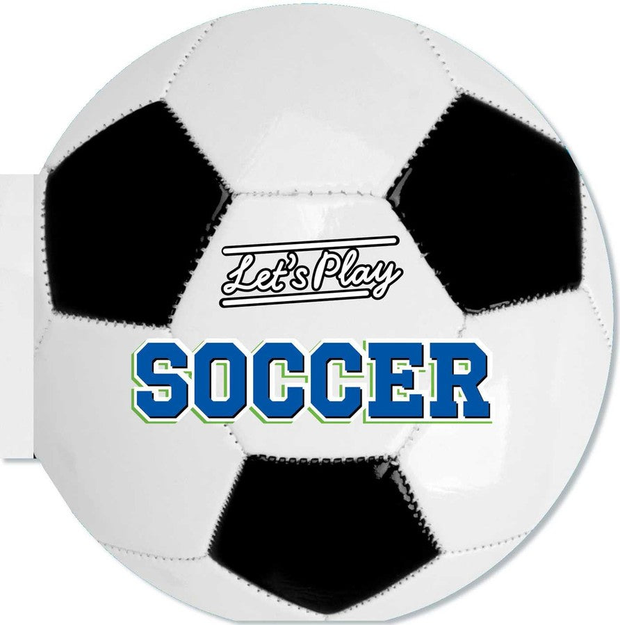 Soccer ball kids book with 'Let's Play Soccer' text. Available at Be Charmed