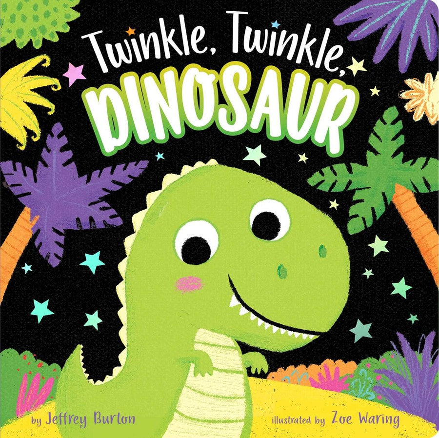Book cover of 'Twinkle, Twinkle Dinosaur' with a dinosaur illustration and colorful text. Available at Be Charmed.
