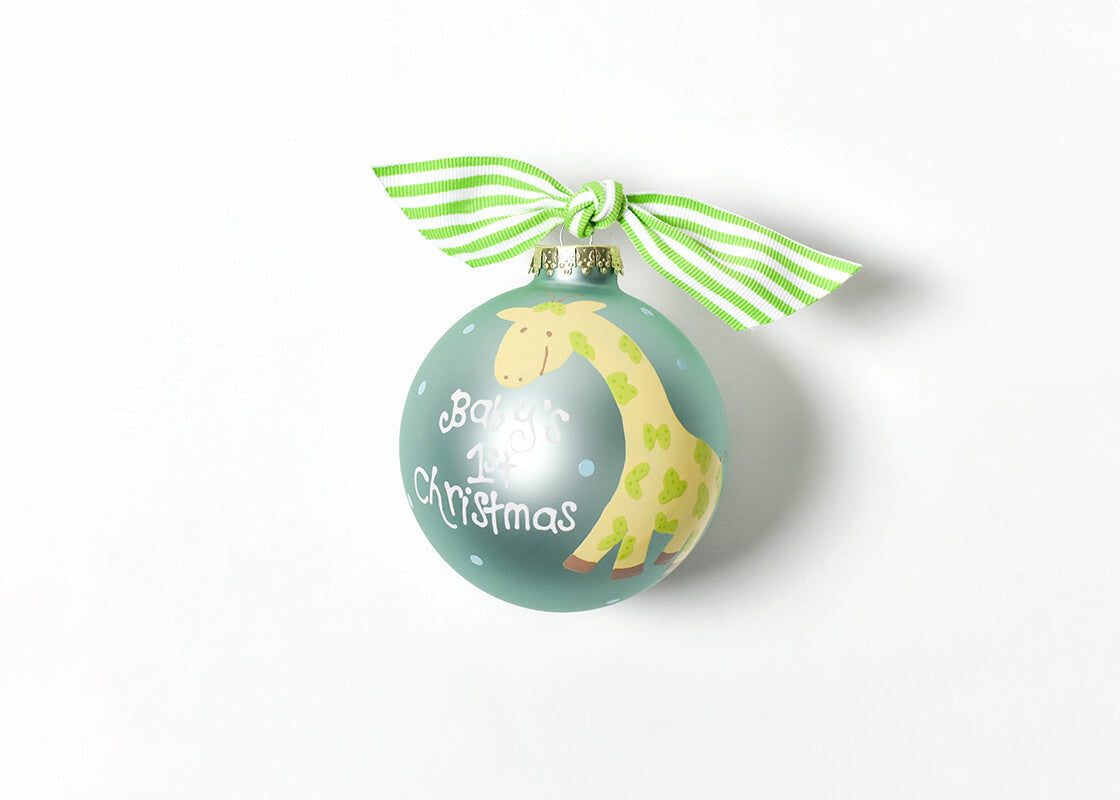 Single Coton Colors Baby's First Christmas Giraffe glass ornament with safari-themed hand-painted design – Available at Be Charmed