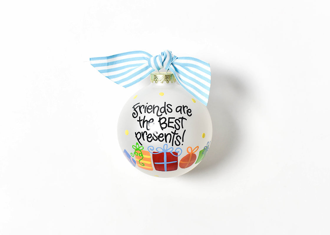 Coton Colors Friends Are the Best Presents glass ornament with festive hand-painted design – Available at Be Charmed