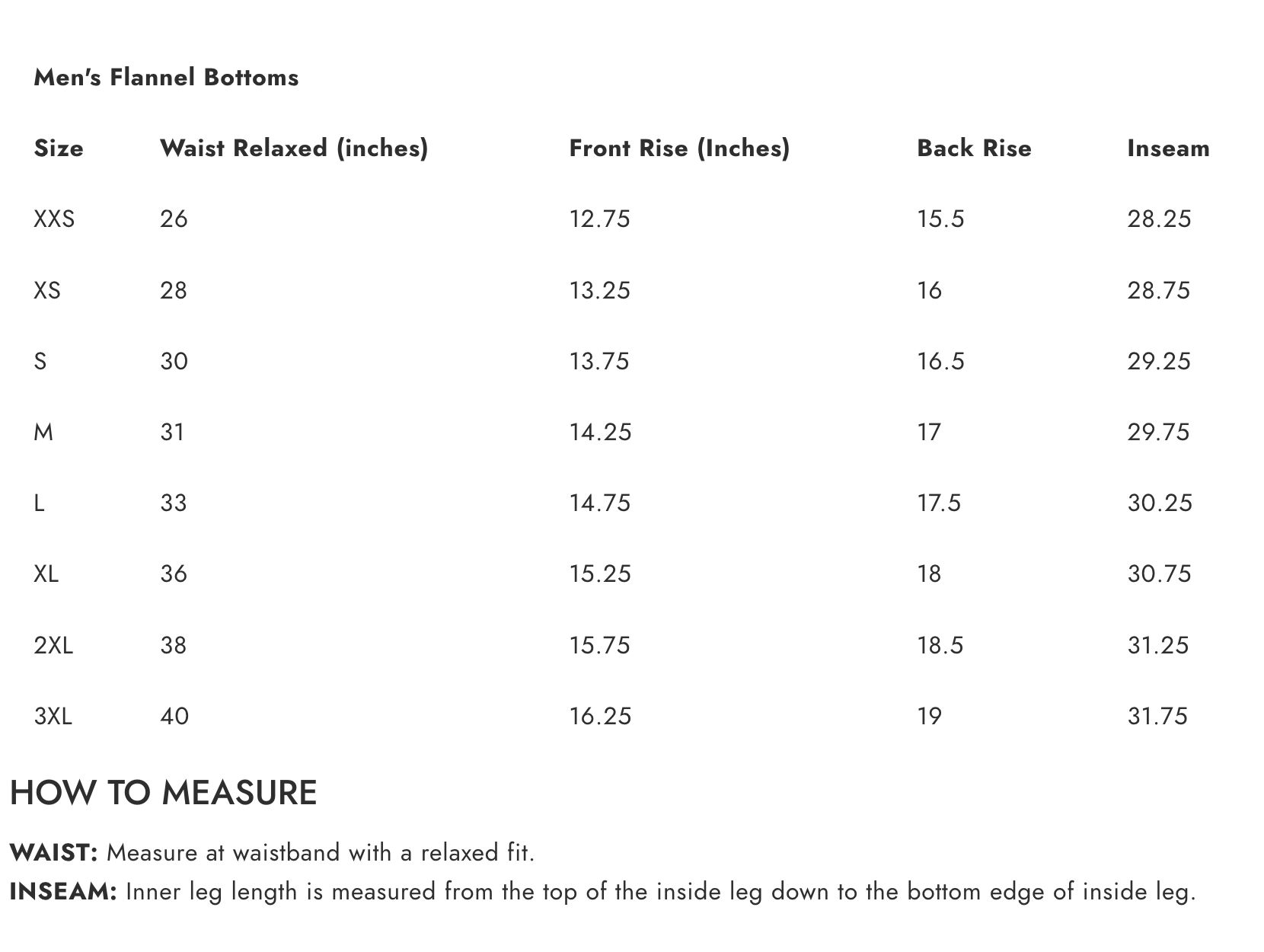 Size chart for Boxercraft men's Medfield Warriors flannel pants in soft cotton with drawstring waist and team logo, available at Be Charmed.