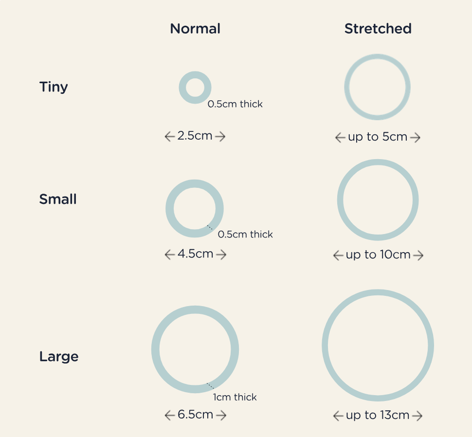 Size Chart for Teleties Hair Ties with strong grip and water‑resistant spiral—available at Be Charmed.