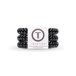 A pack of Small Teleties hair ties in Jet Black, presented in a white box with the Teleties logo. Available at Be Charmed