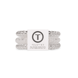 Small Silver Slay Teleties Hair Ties with strong grip, waterproof and no crease—available at Be Charmed.