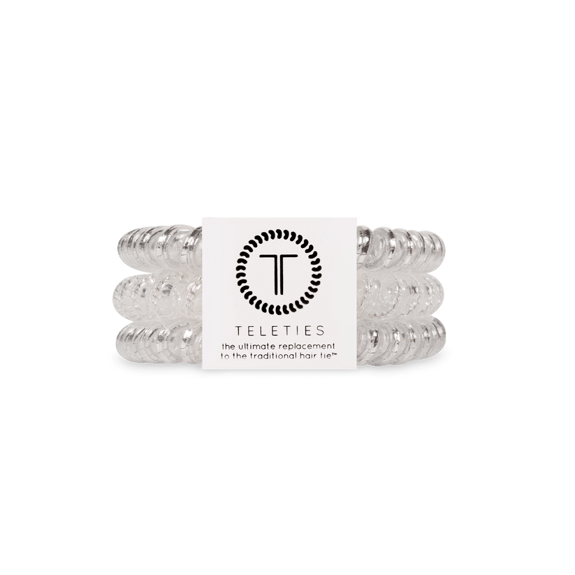 Small Silver Slay Teleties Hair Ties with strong grip, waterproof and no crease—available at Be Charmed.