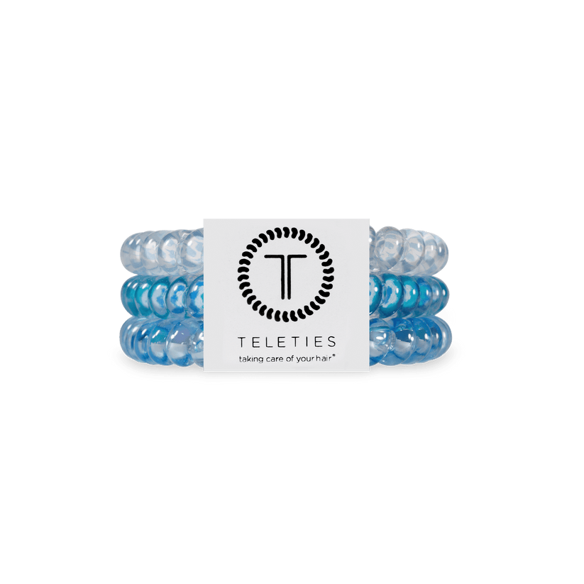 Small Summer Sky Teleties Hair Ties with strong grip and water‑resistant spiral—available at Be Charmed.
