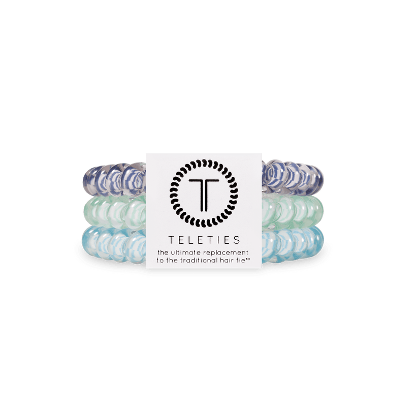 Small Totally Turquoise Teleties Hair Ties with strong grip, water‑resistant and no crease—available at Be Charmed.