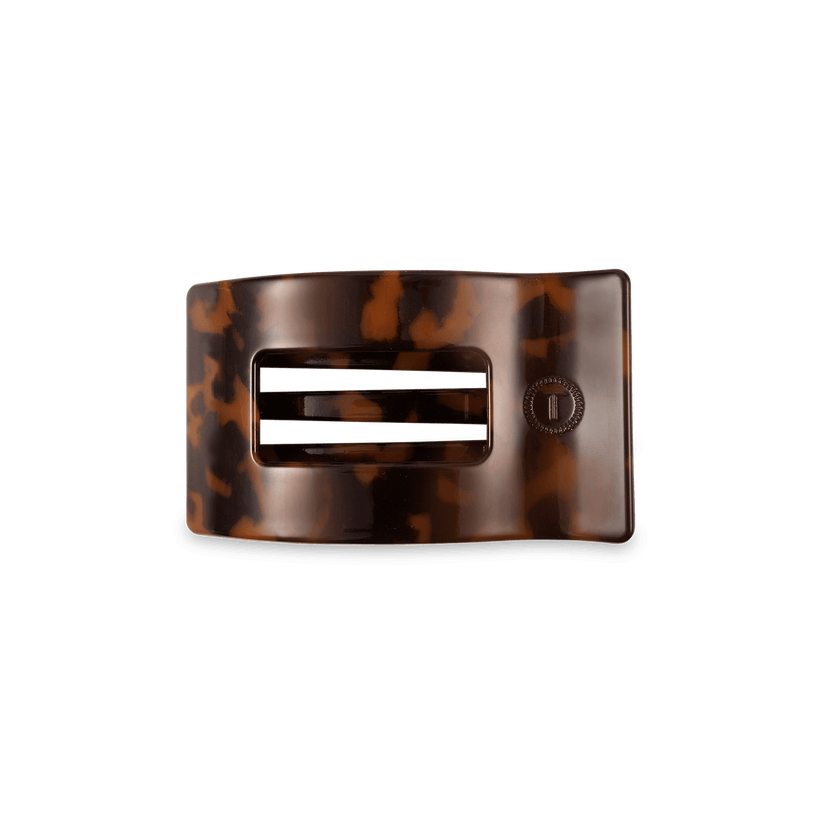 Small Tortoise Flat Rectangle Hair Clip with bendable teeth, sleek and secure hold—available at Be Charmed.