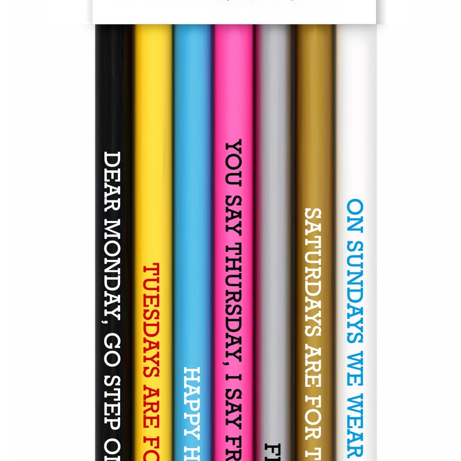 Set of seven pencils with humorous daily sayings on a white background. Made by Snifty. Available at Be Charmed. 