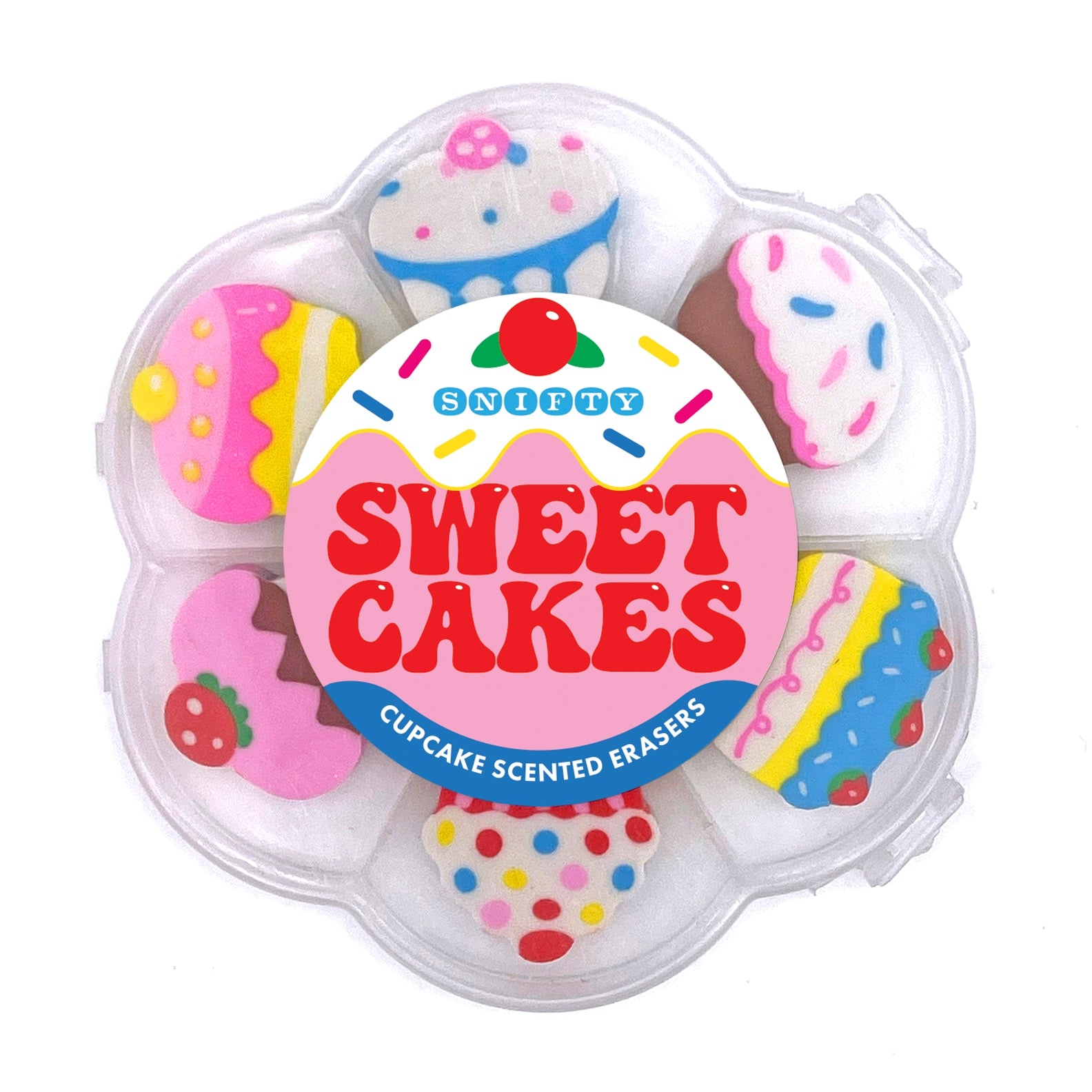 Set of cupcake-shaped scented erasers in a clear plastic container with 'Scenty Sweet Cakes' branding. Available at Be Charmed. 