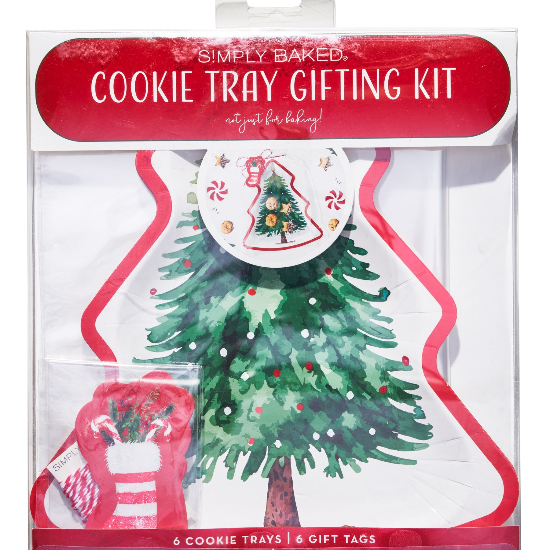 Cookie tray gifting kit packaging with Christmas tree and gift bag design. Available at Be Charmed