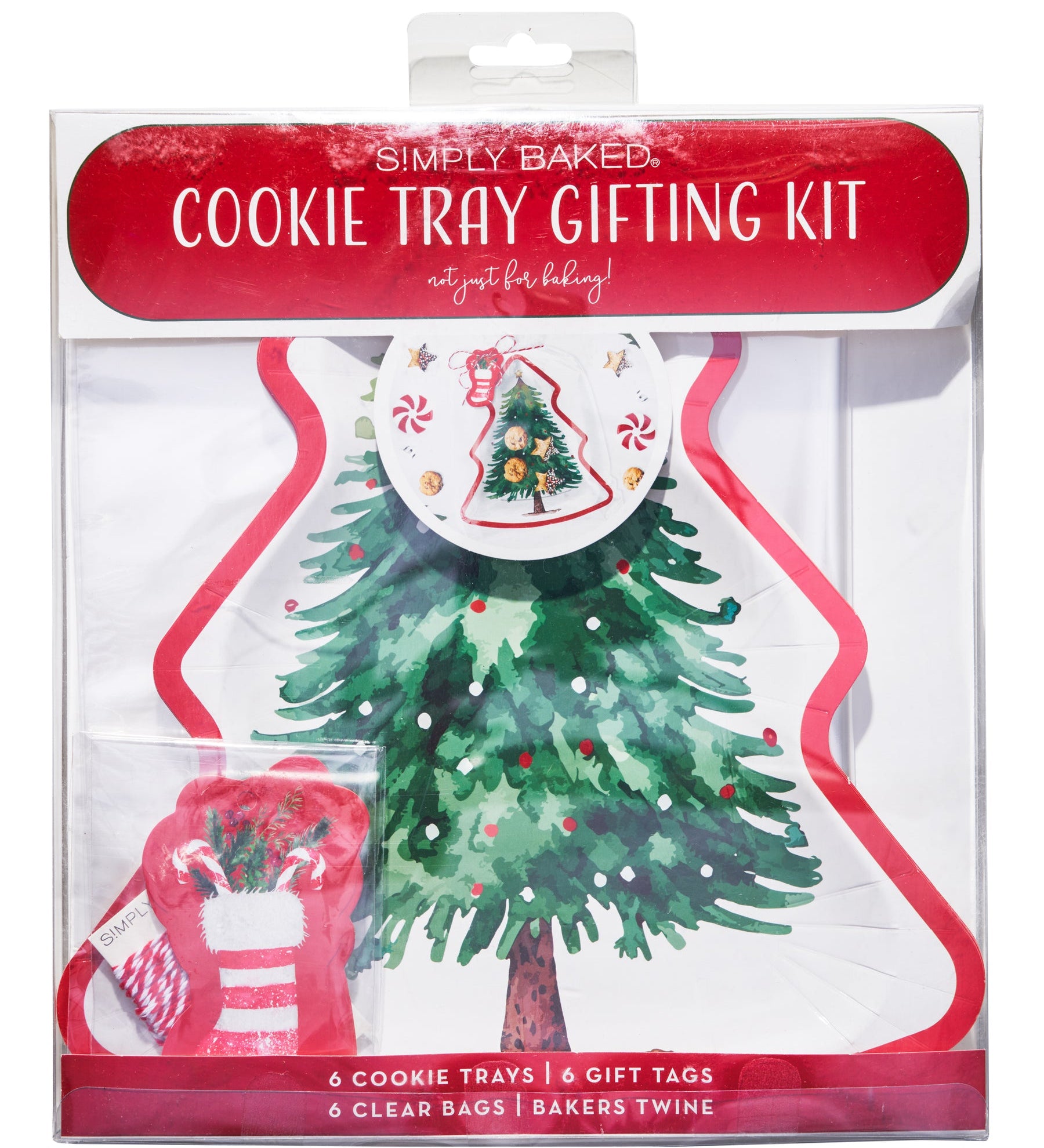 Cookie tray gifting kit packaging with Christmas tree and gift bag design. Available at Be Charmed