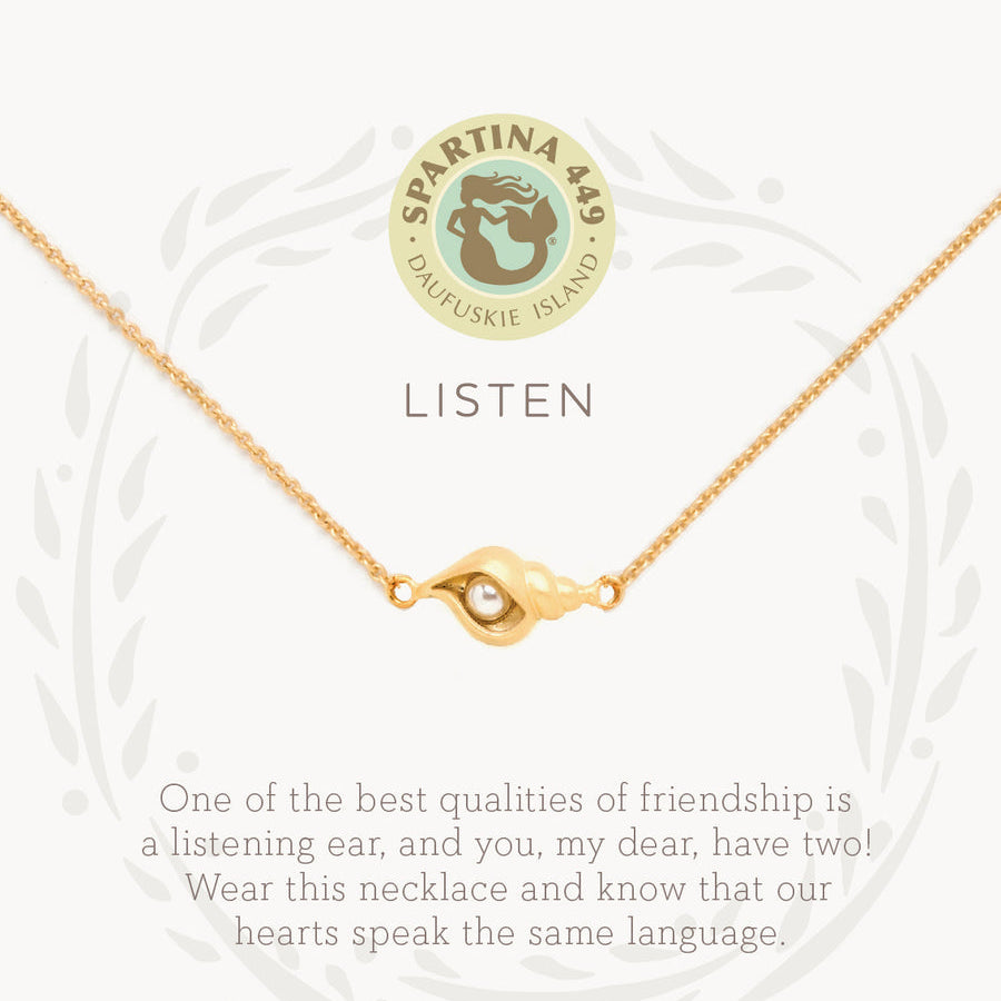 Gold on card Spartina 449 Listen Necklace 18 Inch – Shell charm necklace symbolizing mindfulness and inner peace. Features an engraved “Listen” message and delicate chain. Inspired by the calming sound of the sea. Lightweight, adjustable design with secure clasp.