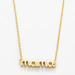 Gold 'mama' necklace on a white background. Available at Be Charmed