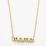 Gold 'mama' necklace on a white background. Available at Be Charmed