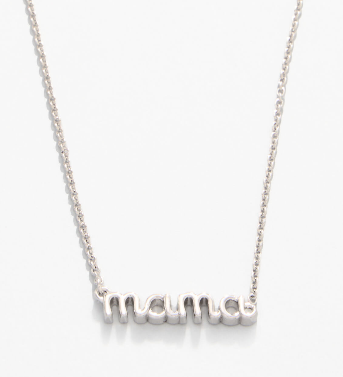 Silver necklace with 'mom' pendant on a white background. Available at Be Charmed