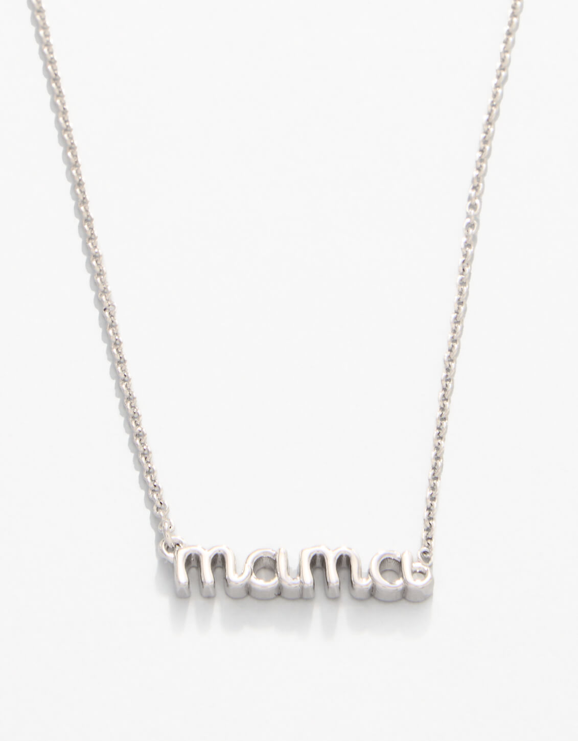 Silver necklace with 'mom' pendant on a white background. Available at Be Charmed