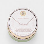 Necklace with 'THANKS MAMA' pendant in a round green box on a light gray background. Available at Be Charmed