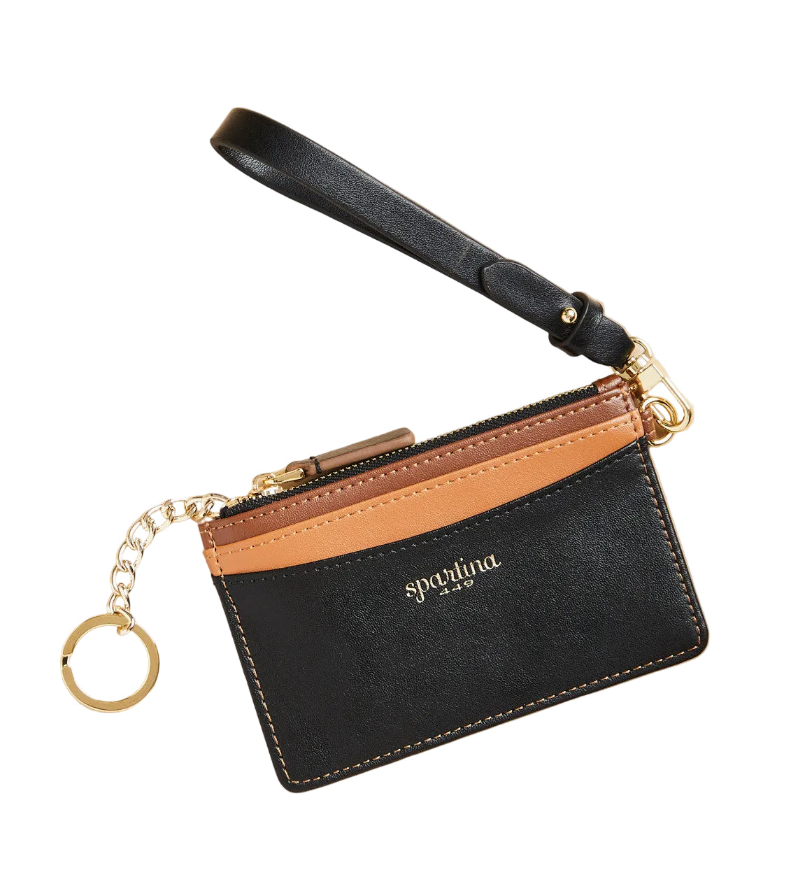 Black and brown wallet with strap and keychain on beige background. Available  at Be Charmed