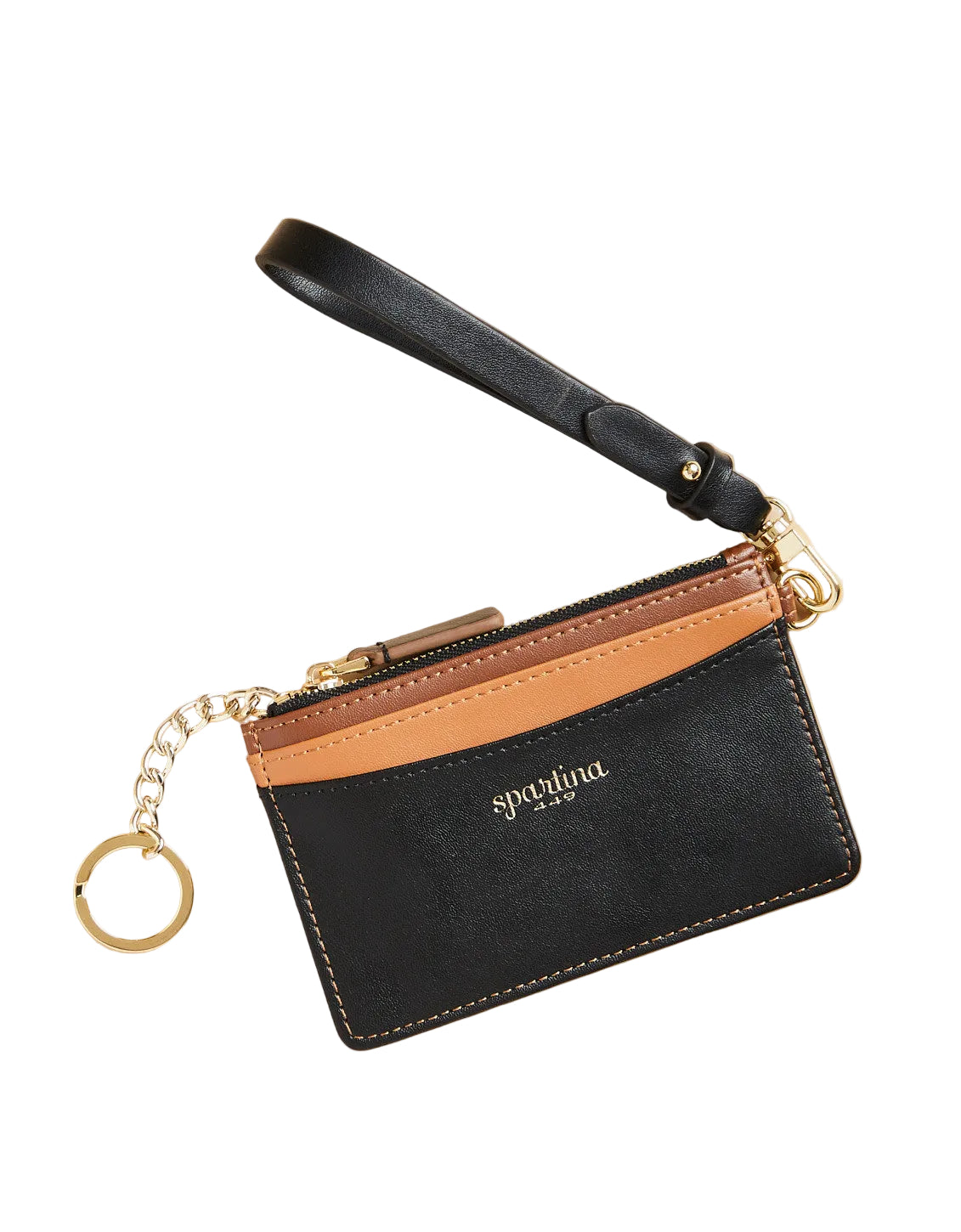 Black and brown wallet with strap and keychain on beige background. Available  at Be Charmed