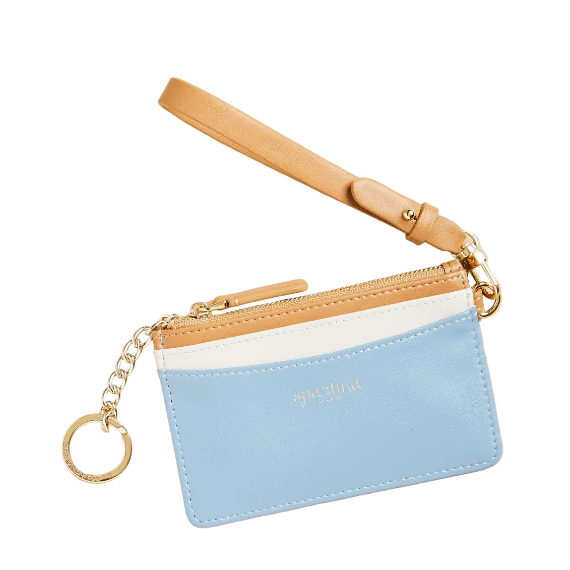 Blue cardholder with beige strap on a beige background. Available at Be Charmed
