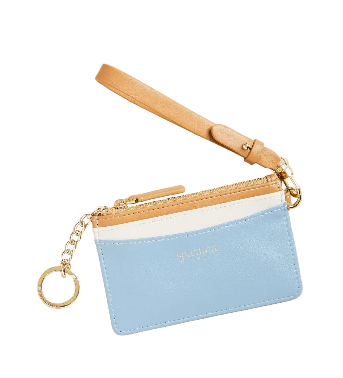 Blue cardholder with beige strap on a beige background. Available at Be Charmed