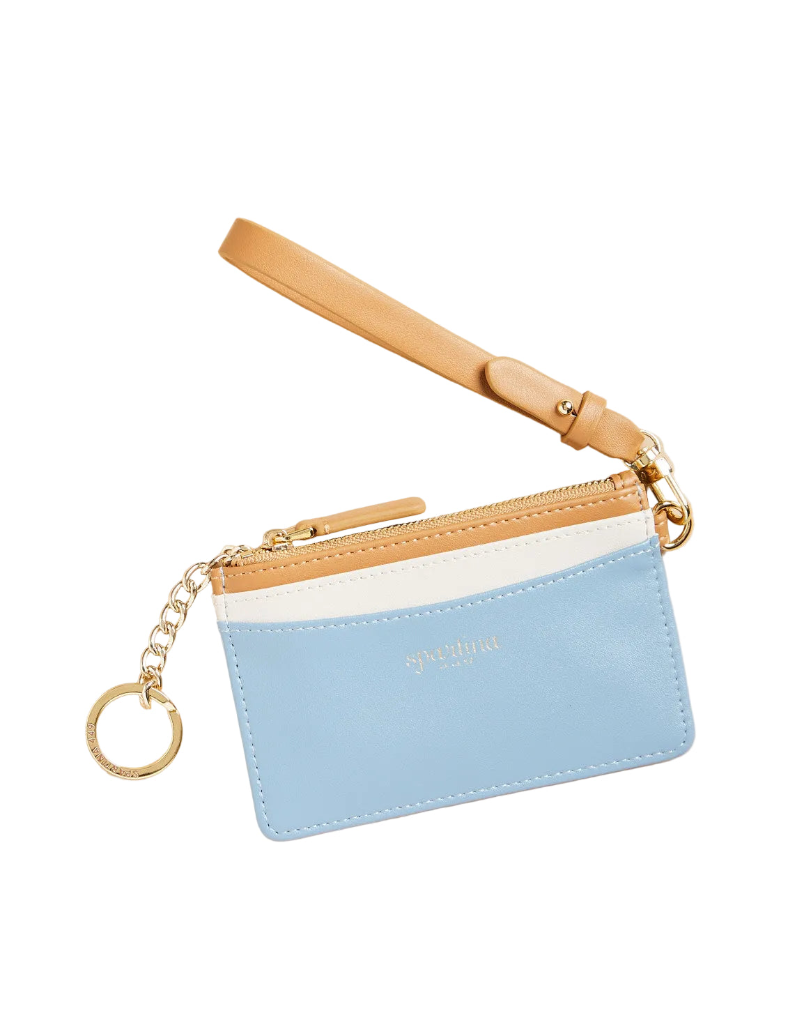 Blue cardholder with beige strap on a beige background. Available at Be Charmed