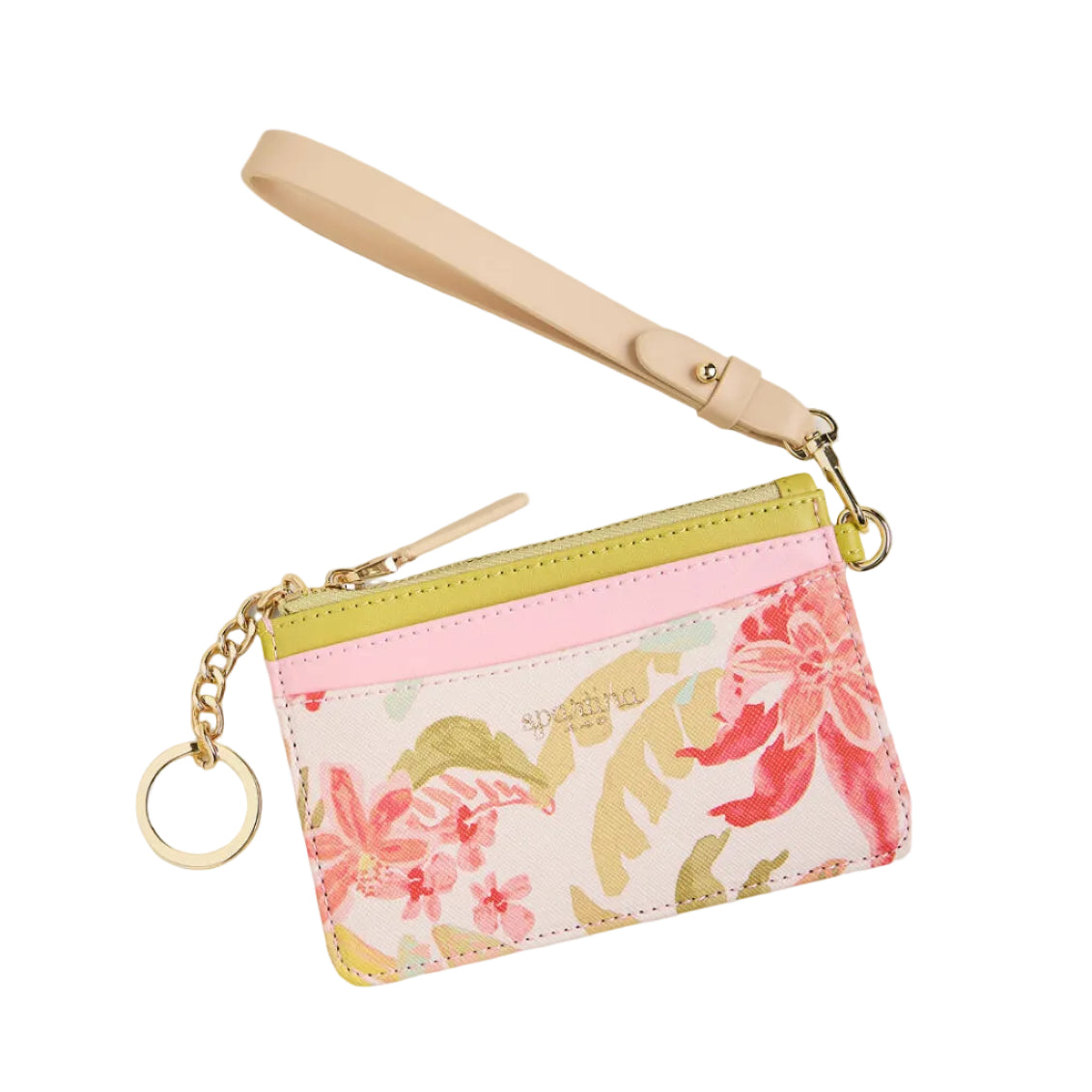 Floral cardholder with a strap on a beige background. Available at Be Charmed