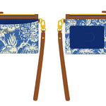 Two blue pouches with floral patterns and wooden handles on a white background. Available at Be Charmed