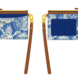 Two blue pouches with floral patterns and wooden handles on a white background. Available at Be Charmed