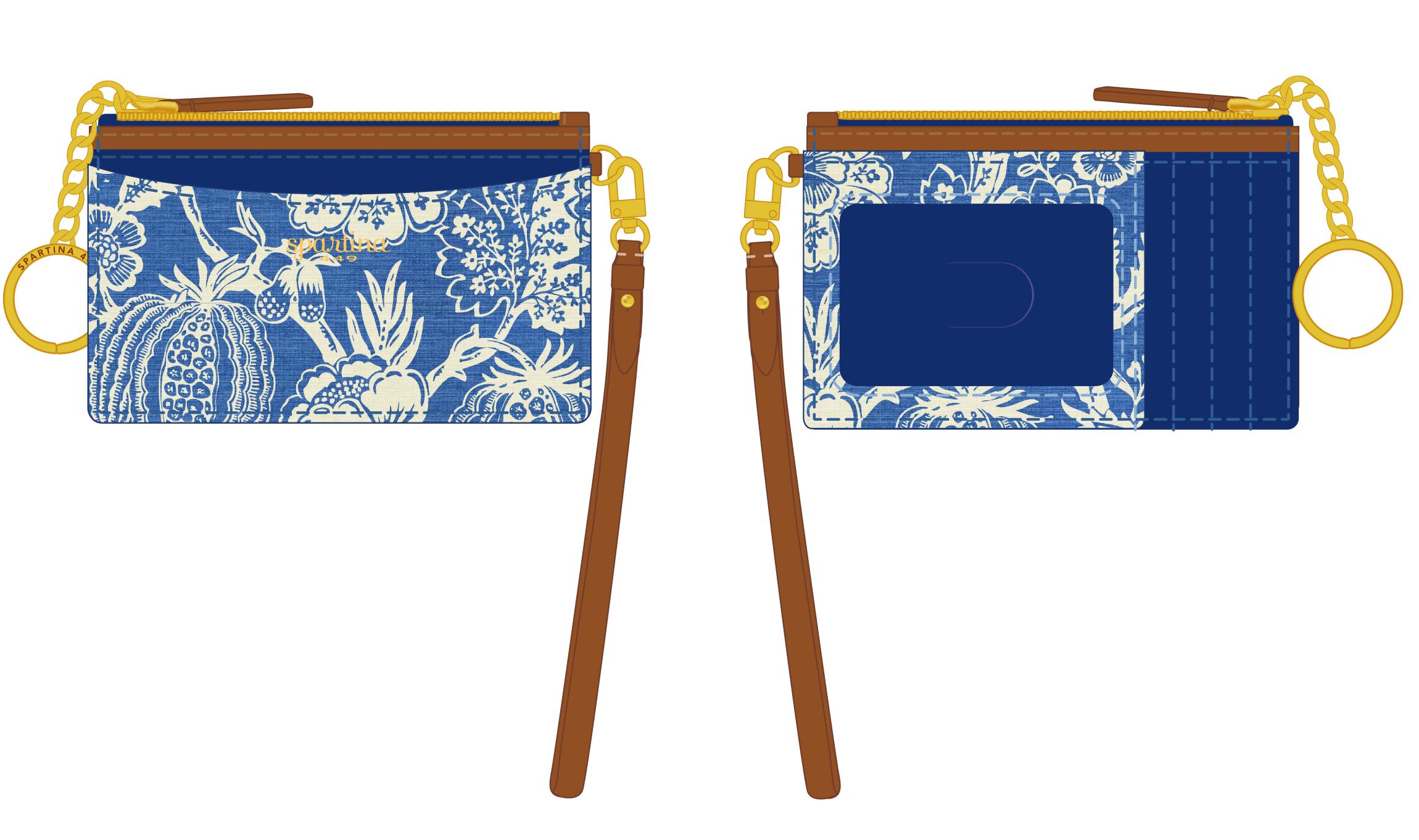 Two blue pouches with floral patterns and wooden handles on a white background. Available at Be Charmed