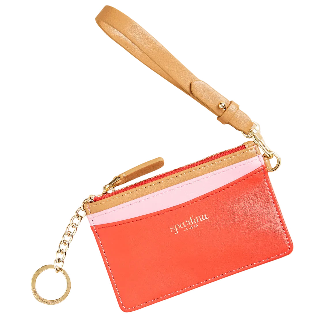 Red cardholder with a beige strap and gold chain on a beige background. Available at Be Charmed